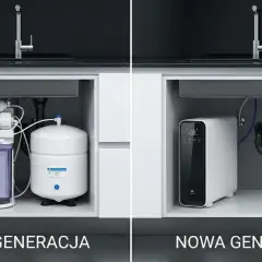 Porównanie: stara generacja filtra do wody pitnej pod zlew z wieloma elementami i nowa, kompaktowa wersja.
