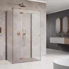 Nowoczesna łazienka z prysznicem walk-in i miedzianymi detalami. Zastanawiasz się, ile schnie silikon? Tutaj wszystko lśni czystością.