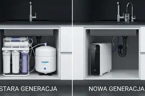 Porównanie: stara generacja filtra do wody pitnej pod zlew z wieloma elementami i nowa, kompaktowa wersja.