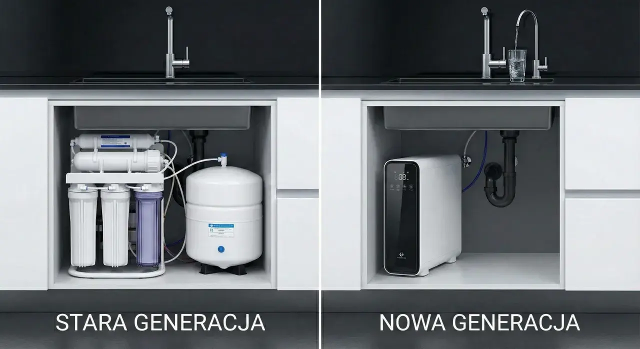 Porównanie: stara generacja filtra do wody pitnej pod zlew z wieloma elementami i nowa, kompaktowa wersja.